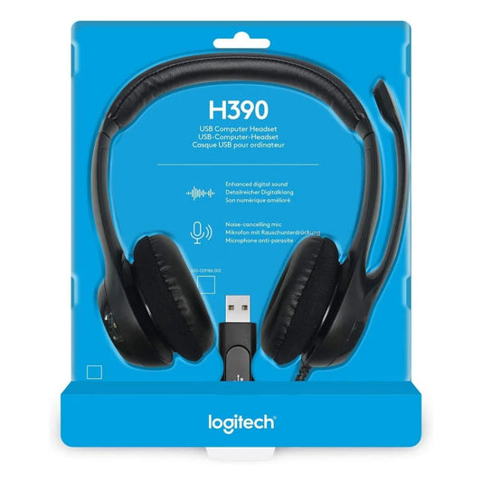 سماعة رأس Logitech H390 سلكية للكمبيوتر الشخصي/الكمبيوتر المحمول، سماعات رأس ستيريو مع ميكروفون لإلغاء الضوضاء