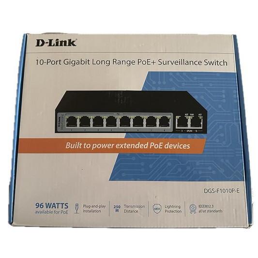 محول D-Link Gigabit PoE بـ 8 منافذ - 8 PoE+ 2 منفذ Uplink 250m DGS-F1010P-E